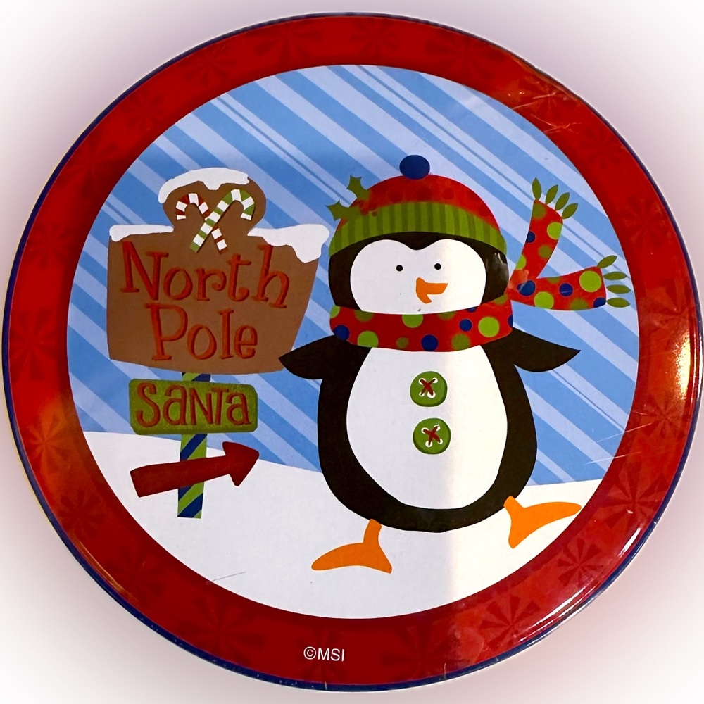 PENGUIN TIN 6.5”x2.75” ROUND HOLIDAY CHRISTMAS FOOD STORAGE BAKE GOODIES FLAWED